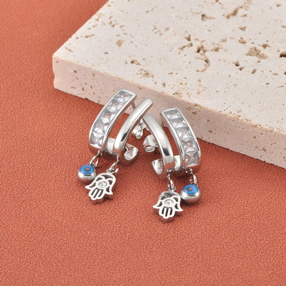 JeeMango Edelstahl-Ohrringe mit türkischem Dämonenauge, Zirkonia, Fatima-Hand, hohle Evil-Eye-Ohrringe für Damen E26055 – Detail 3