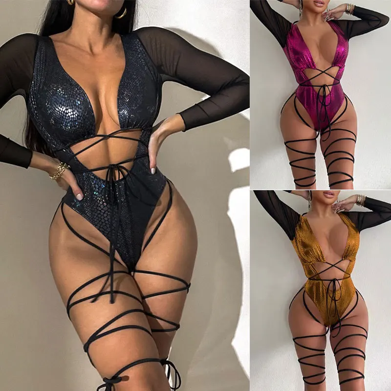 

2023 New Long-sleeved European and American Sexy One-piece Swimsuit Women's Lace-up Openwork Backless Foil Bikini