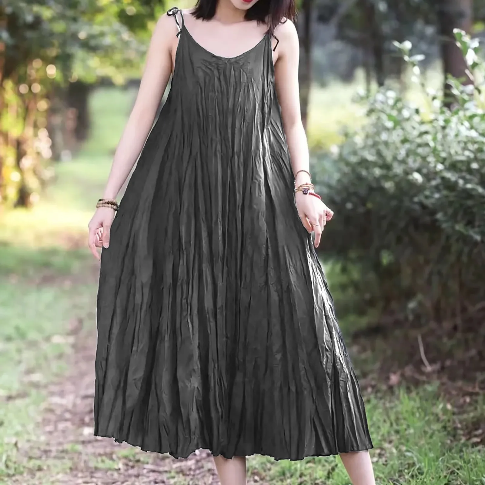 

Korean Fashion Ladies Pleated Sling Dress Streetwear Solid Color Lace Up Bow Sexy Dress Summer Streetwear Pullover Long Dresses