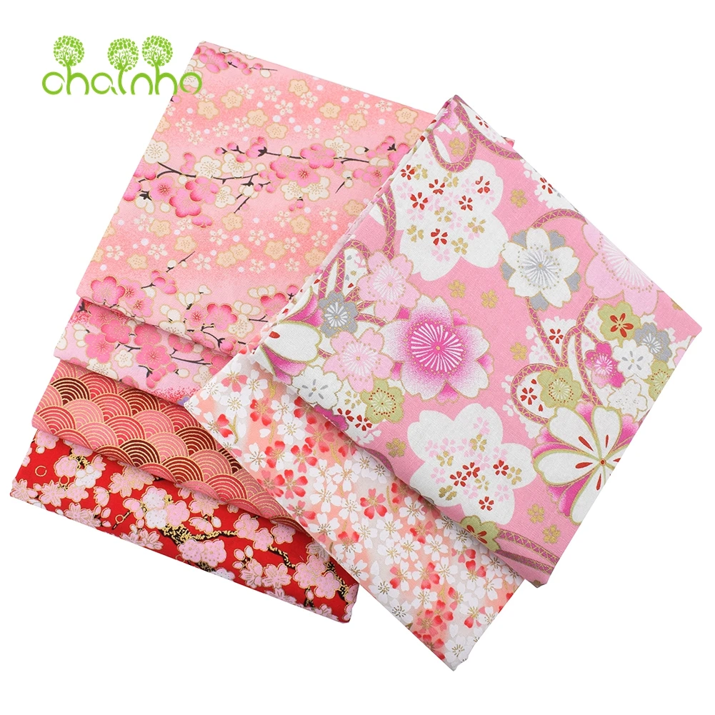 Chainho,Printed Plain Weave Cotton Fabric,DIY Quilting Sewing Material,Patchwork Cloth,Pink Floral Series Textile,20x25cm,15CD32