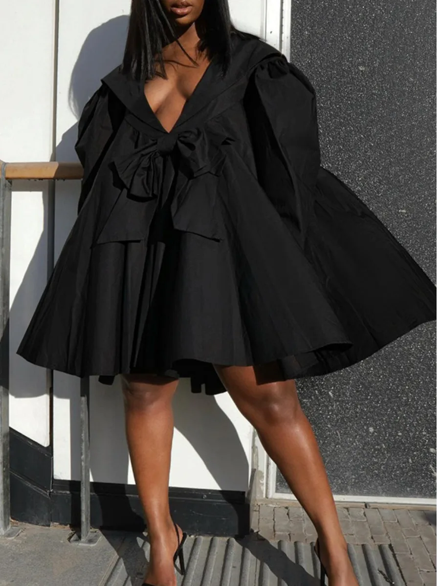 LW Plus Size dresses Bow Tie Decor Fold Design Bud Dress 2023 Autumn NEW loose dress for women Long sleeve causal mini dresses
