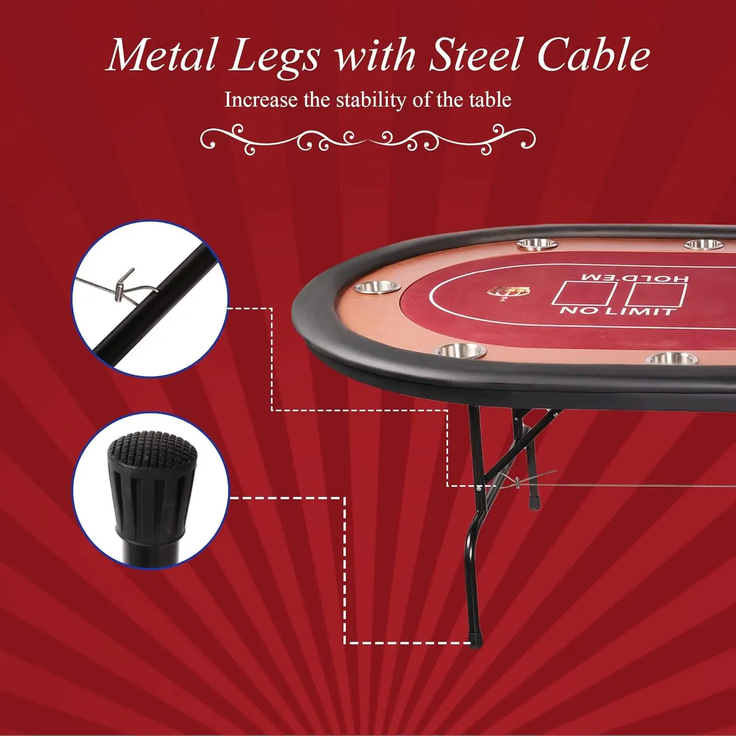 Table Foldable 10 Players Folding Poker Tables for Texas, Card Games, Casino Table with Cup Holder for Blackjack Board Game with