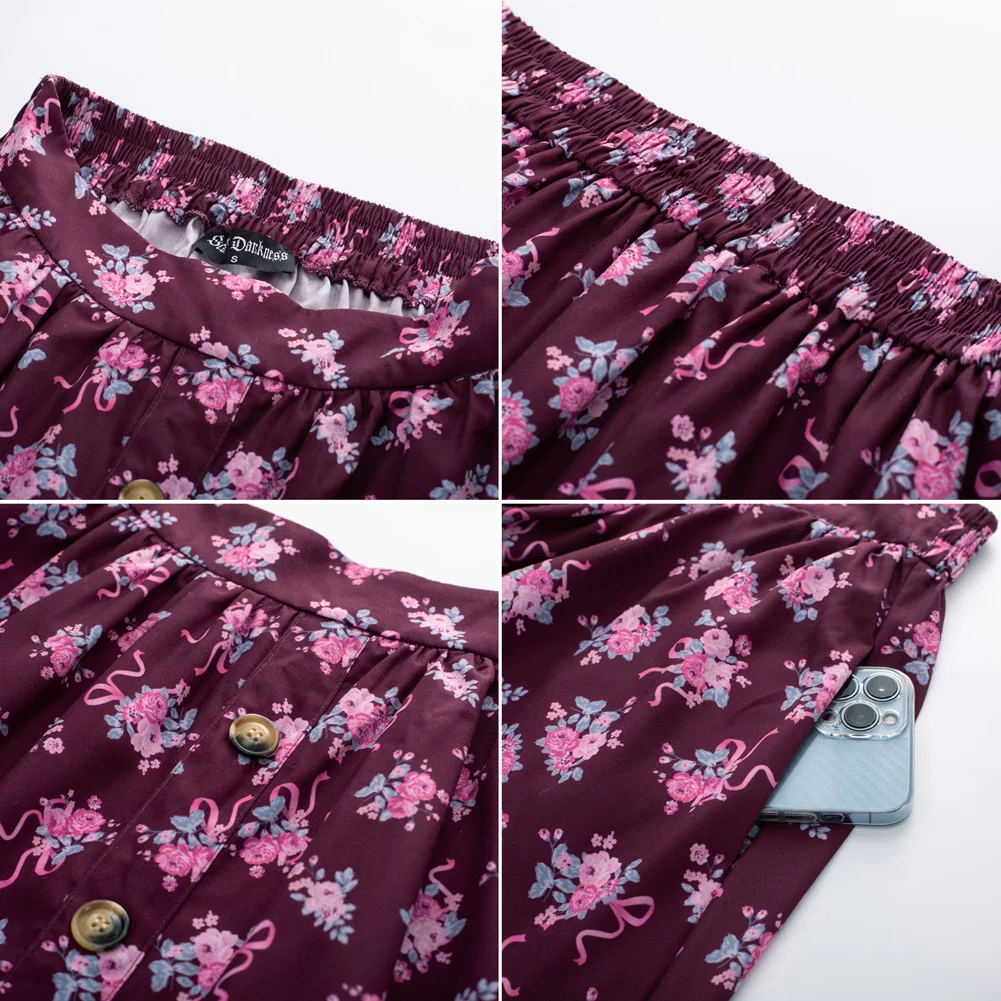 SD Women Floral Maxi Skirts Button Vintage Skirt Long Boho Skirt With Pockets Elastic High Waist Ruffled Hem Long Skirt A30