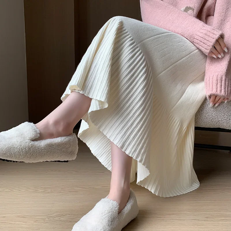 Maternity Knitted Pleated Mini Skirt High Waist No Belly Support Slimming Mid-Length A- Line Umbrella Skirt Autumn Winter New St