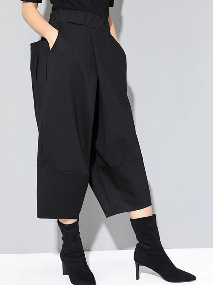 [EAM] High Elastic Waist Black Brief Pocket Wide Leg Calf-Length Pants New Trousers Women Fashion Spring Autumn 2026 1DJ1789