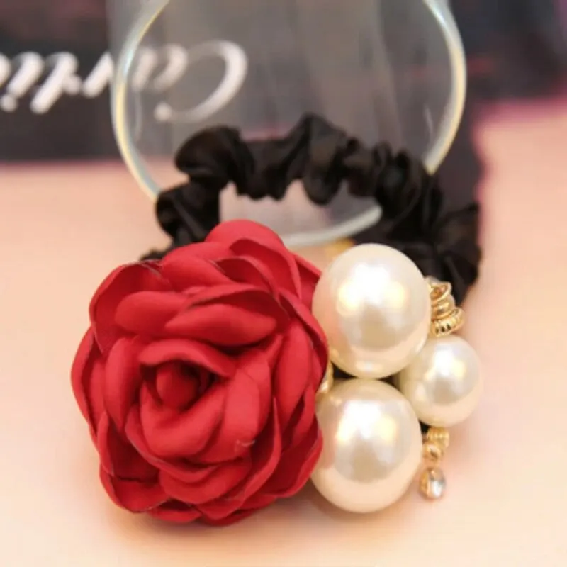 Elegant Pearl Rose Flower Camellia Hair Scrunchie Accessory