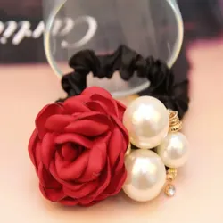 Elegant Pearl Rose Flower Camellia Hair Scrunchie Accessory (Red)