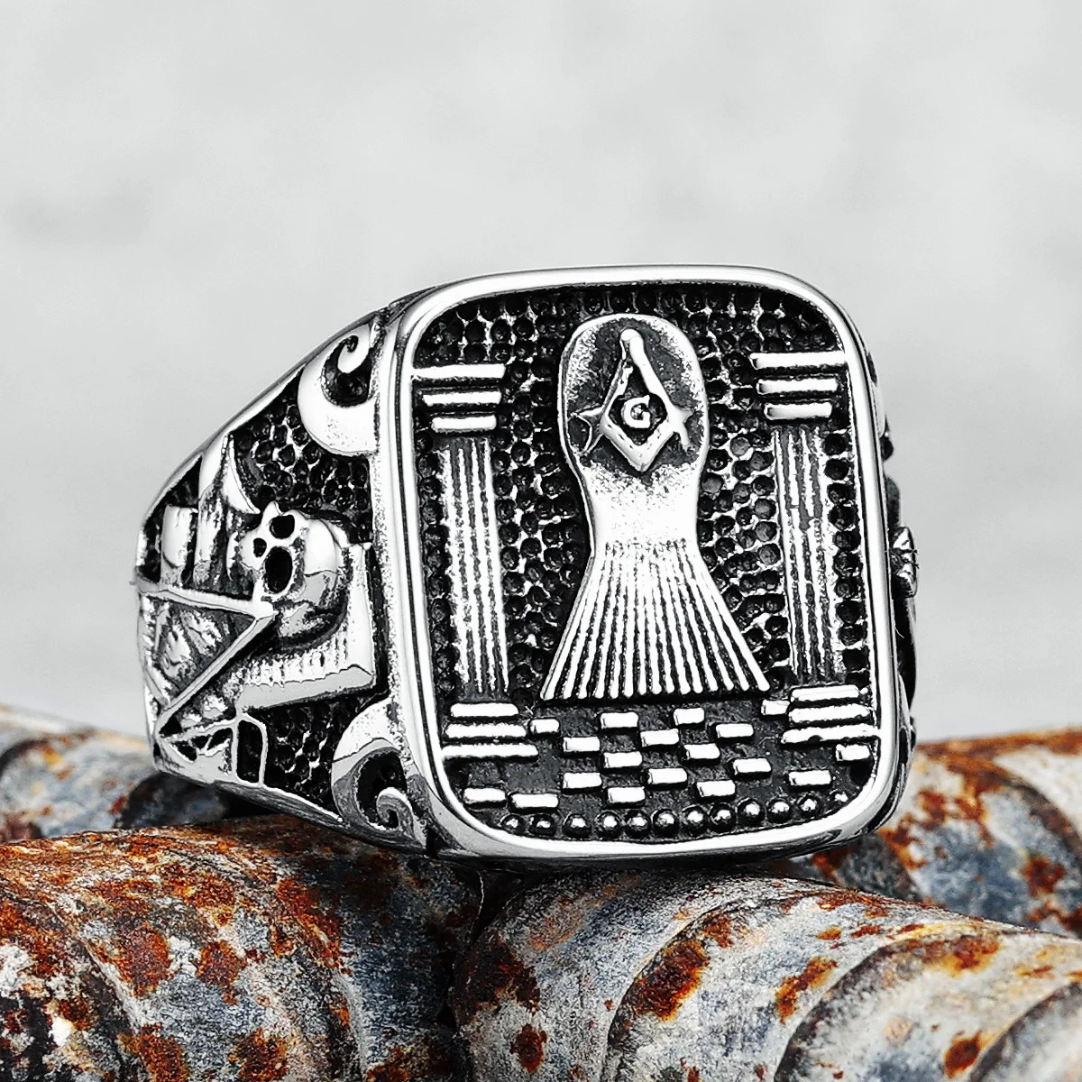 316L Stainless Steel Masonic Skull Ring for Rider Male Boyfriend Jewelry Gift