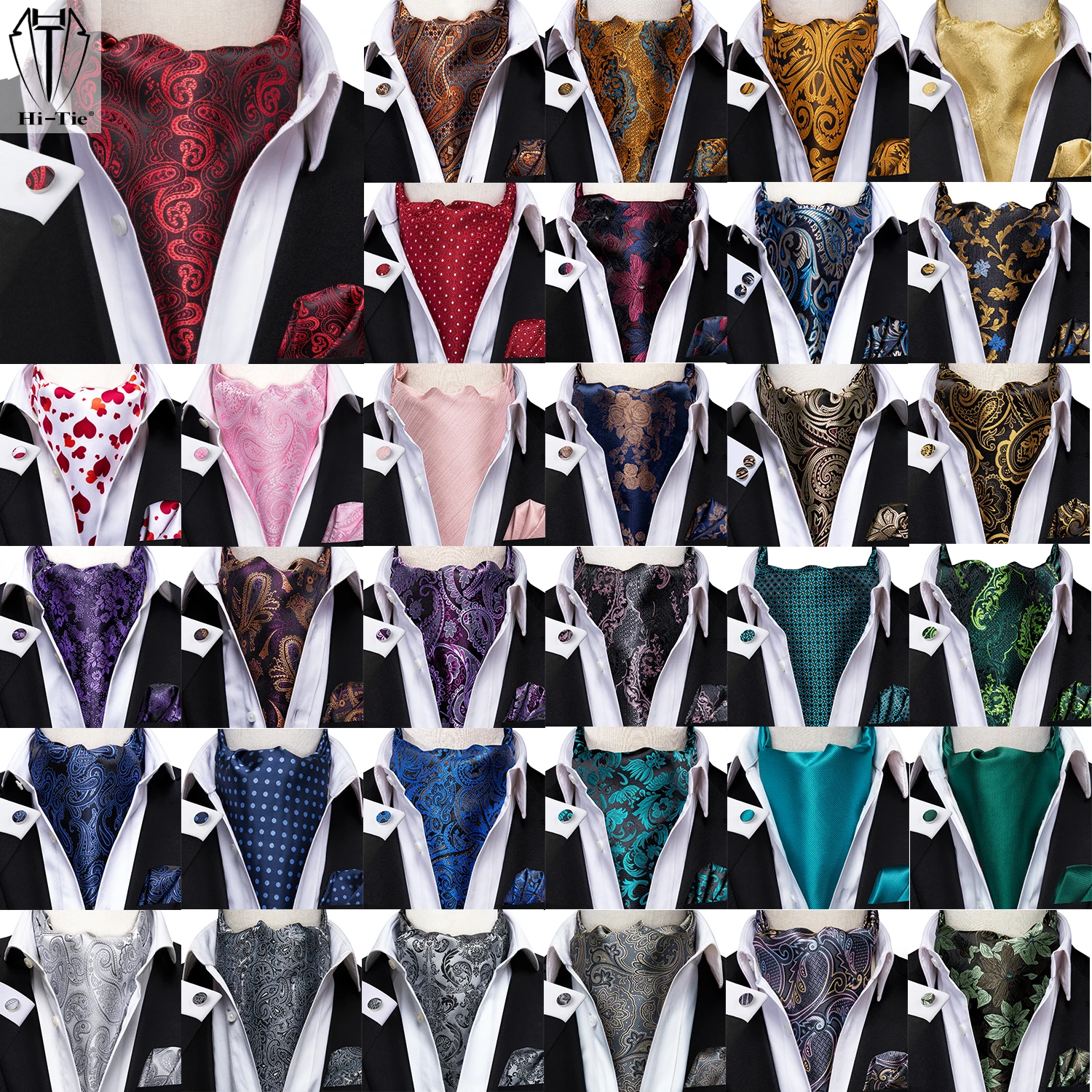 Dropshipping Seide Herren Ascot Hanky Manschettenknöpfe Set Jacquard Paisley Floral Vintage Krawatte Krawatte Großhandel für Männliche Hochzeit Business