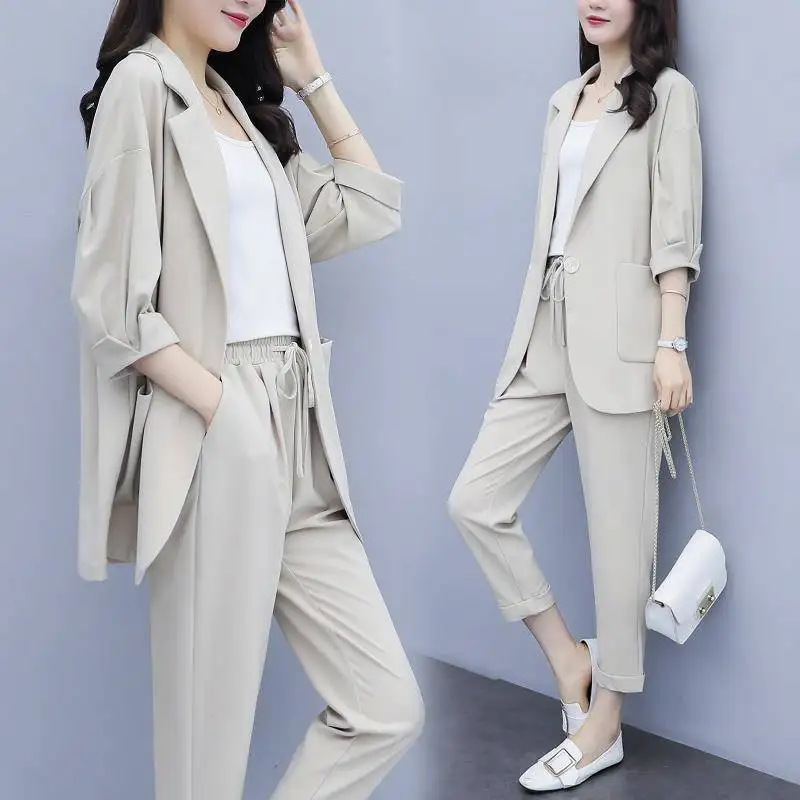 Women's Spring Autumn Casual Thin Suit Jacket PantsTwo Piece 2023 Korean Elegant Loose Blazers Coat Trousers Set Female Pantsuit