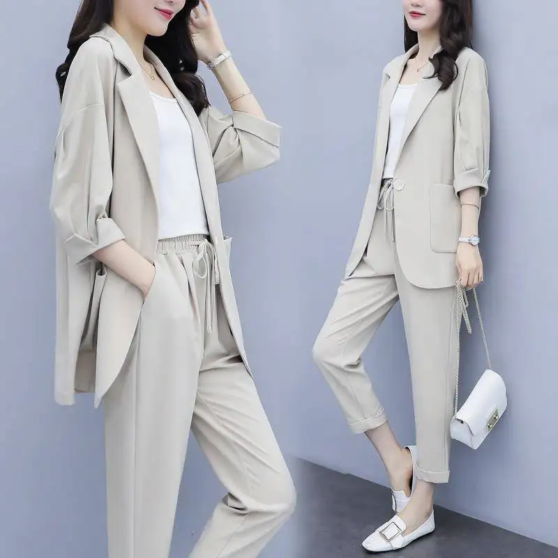 

Women's Spring Autumn Casual Thin Suit Jacket PantsTwo Piece 2023 Korean Elegant Loose Blazers Coat Trousers Set Female Pantsuit