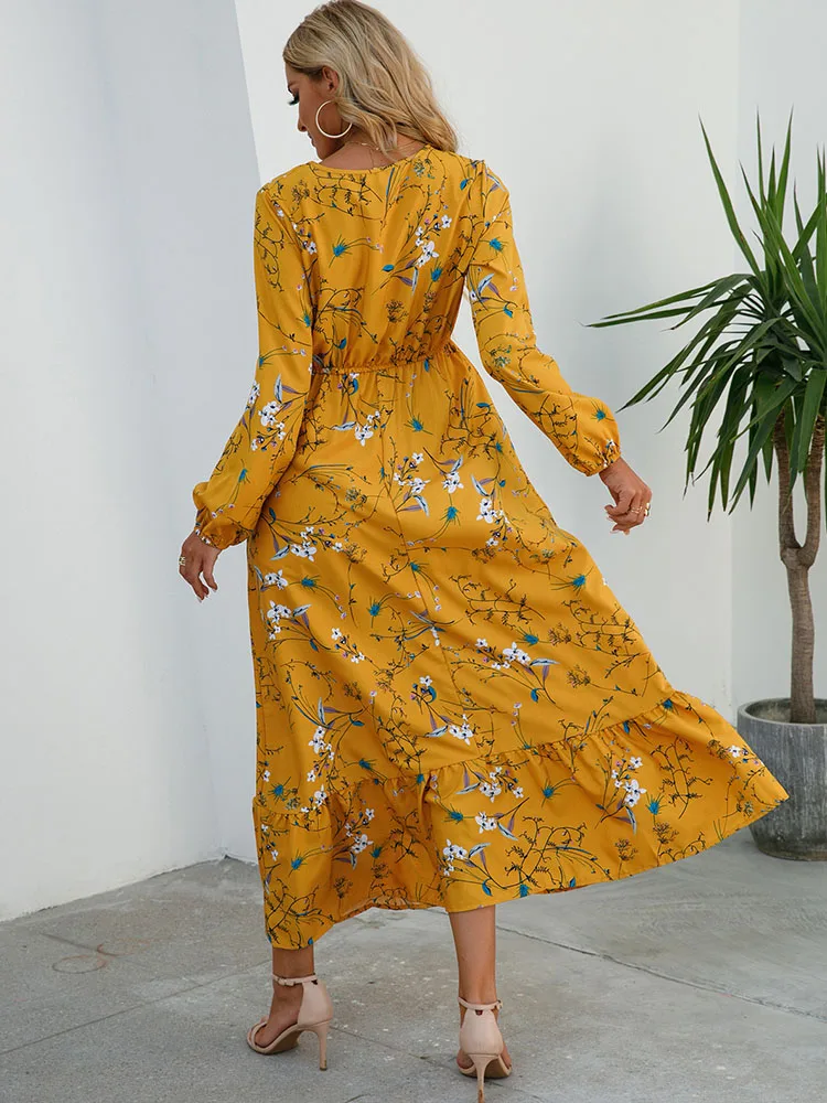 Elegant Floral Print Women Dress Spring Summer Casual O Neck Long Sleeve Chiffon A Line Long Maxi Dress Party Vestidos