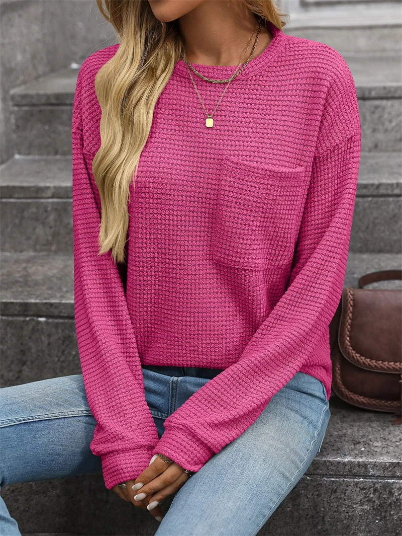 Women Fashion Solid Color Waffle Fabric Sweatshirt Single Pocket Patchwork O Neck Pullover Hoodie Female Autumn Long Sleeve Tops 5