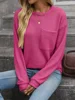 Women Fashion Solid Color Waffle Fabric Sweatshirt Single Pocket Patchwork O Neck Pullover Hoodie Female Autumn Long Sleeve Tops 5