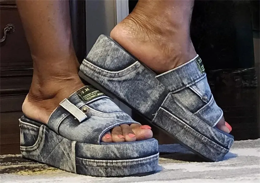 Women's Denim Platform Sandals Casual Wedges Heeled Summer Slides_voghion.com
