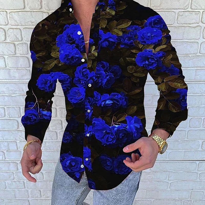 

Men's Shirt Floral Pattern Blue Leprechaun Rose High Quality Printed Leaf Lapel Fashion Designer 2023 New Style Top Quality Tops