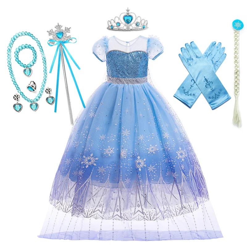 thumbnail image 1 of Disfraz de princesa Elsa para niñas, disfraz de Halloween, juego de rol, vestido de fiesta, vestido de malla con lentejuelas, vestido de cumpleaños, 1 of 5