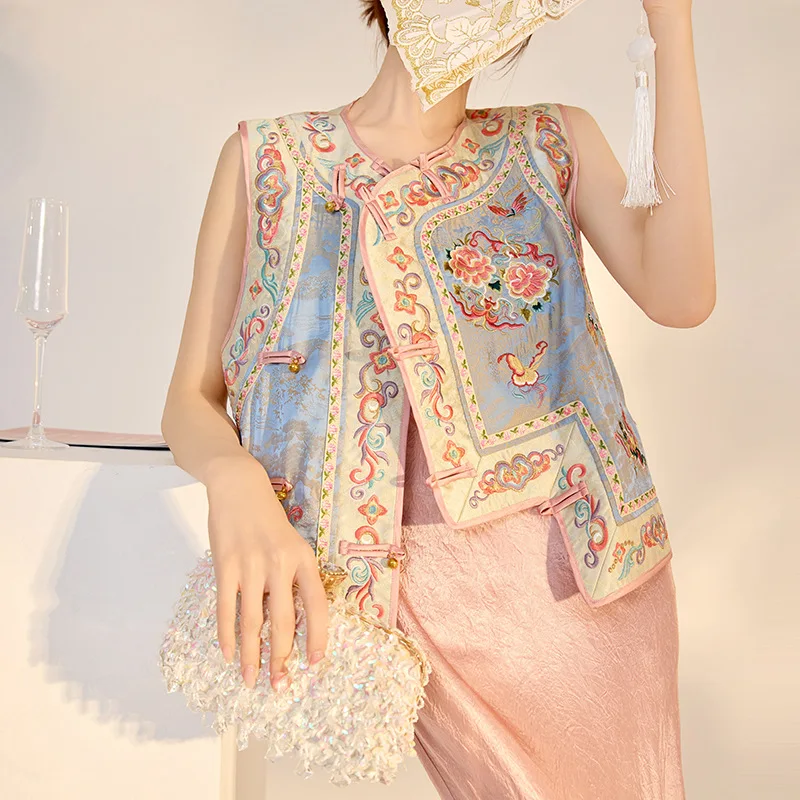 Luxury Embroider Flower Cheongsam Tops Women Sleeveless Vest New Chinese Style Hanfu Qipao Tang Clothes Tradition Button Outwear