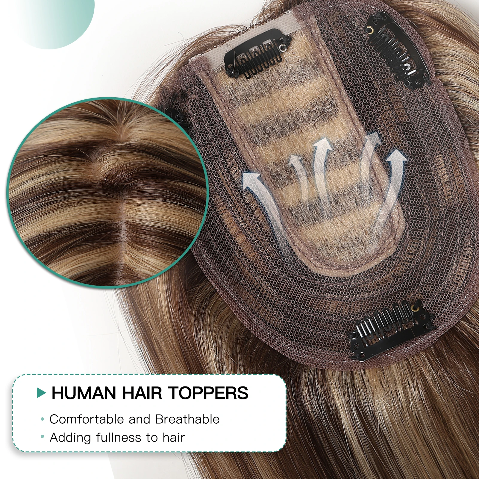 Women Hair Toppers for Thinning Hair Brown Highlight Blonde Middle Part Pieces Silk Base Clip Real Human Top Toppers