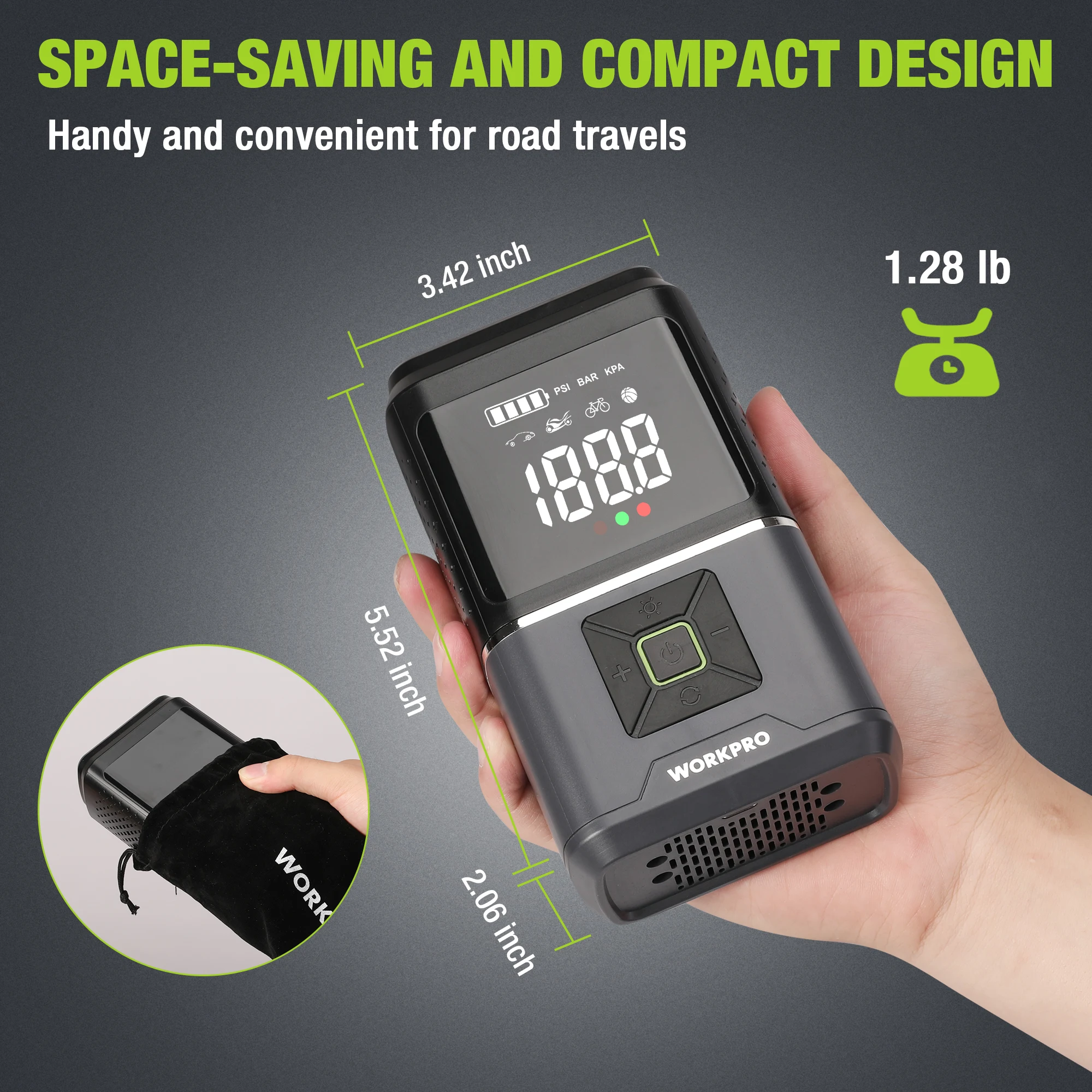 7.2V Tire Inflator 150PSI Portable Air Compressor for Motorcycle Bicycle Boat AUTO Tyre Balls with LCD Digital Display WORKPRO