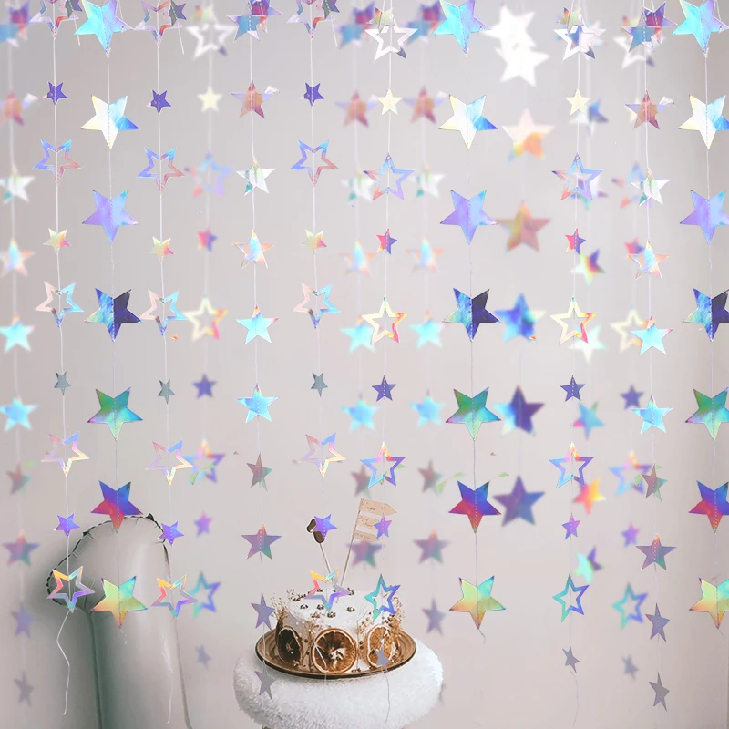 Iridescent Paper Star Garland Banner Laser Silver Flag Hanging Decor Birthday Party Pendant Baby Shower Wedding Streamer Decor