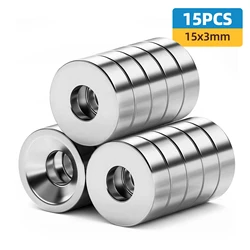 High - Strength Round Magnets with Hole for Versatile Use - Tool Storage, Refrigerator, Office, Curtains, Science Projects (15P - 15x3KO)