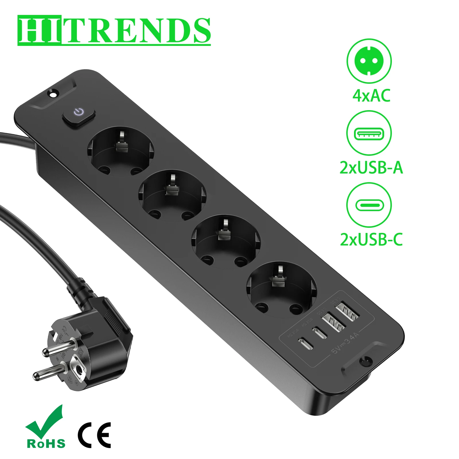 EU Desktop Bulit in Socket Power Strip with 2 USB A 2 USB C, Table Recessed Socket Multiple Plug with Switch 2m Cable 4 Outlet 1