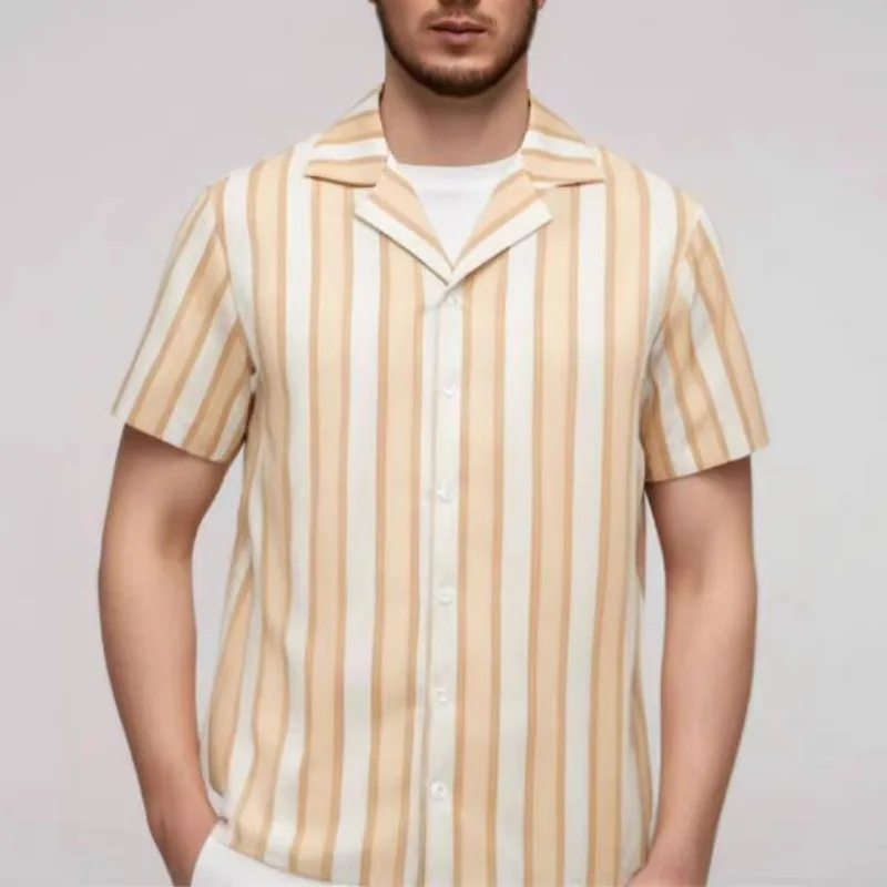 

Hot High Quality Oversize Men Loose Versatile Beach Wear Shirt Outfit Button Contrast Striped Printed Short Sleeve Lapel Collar
