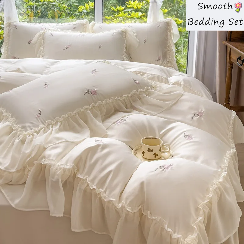 Silky Bedding for Home Luxury Bedsheets Set with Pillow Case Lace Style