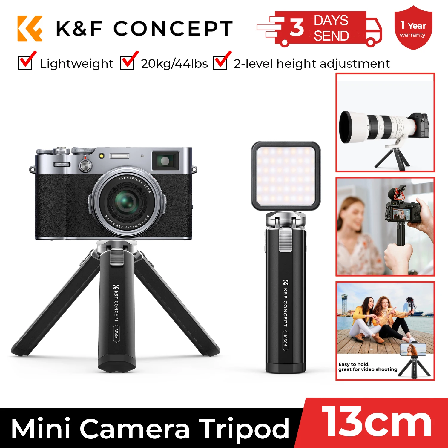 K&F Concept New Mini Phone Camera Tripod 1/4" Screw Lightweight Table Stand 44lbs Load Desk Tripod for DSLR Camera Phone Tripode