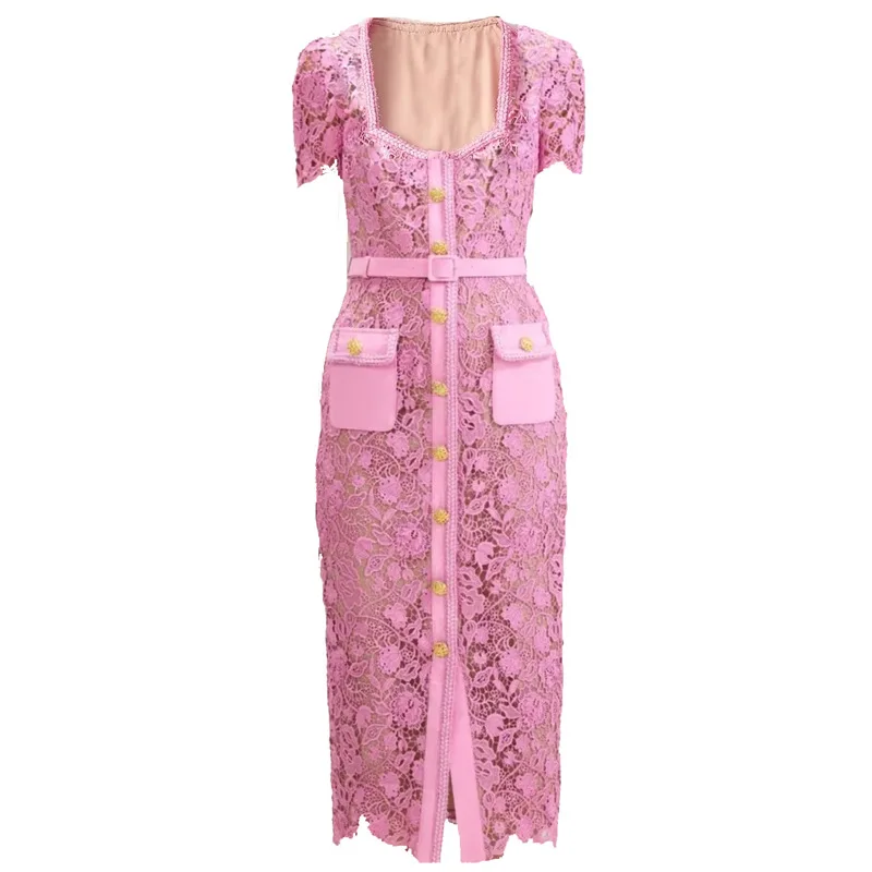 

XXL Lace Dress 2023 Spring Summer Party Events Women Sexy Square Collar Allover Crochet Embroidery Short Sleeve Midi Pink Dress