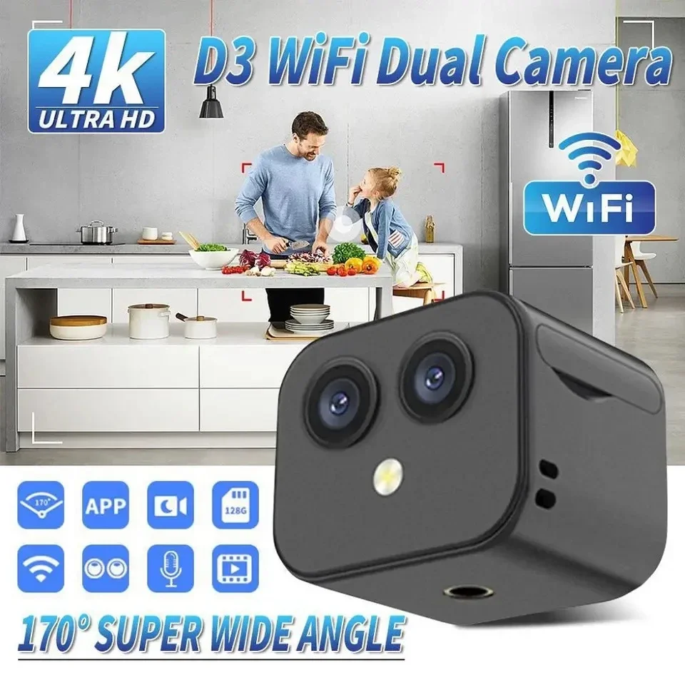 HD 4K Dual Lens Mini Wifi Camera with Magnetic Mount and Remote Control Two-Way Intercom Network Surveillance Camcorder