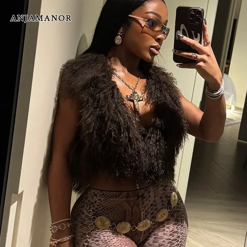 ANJAMANOR Fluffy Faux Fur Vest Sexy Lace Up Backless Halter Crop Top Spring 2025 Womens Sleeveless Tops Streetwear D85-DZ15