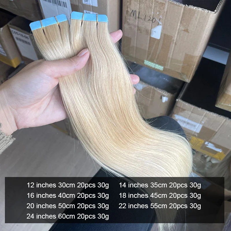 24# Tape in Natural Hair Extensions Human Hair Dark Blonde Color Remy Human Seamless Skin Weft Glue On 20pcs 30g