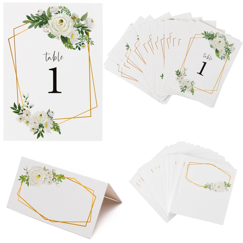 75Pcs Simple Table Numbers Card Greenery Eucalyptus Flower Golden Frame Place Cards for Wedding Party