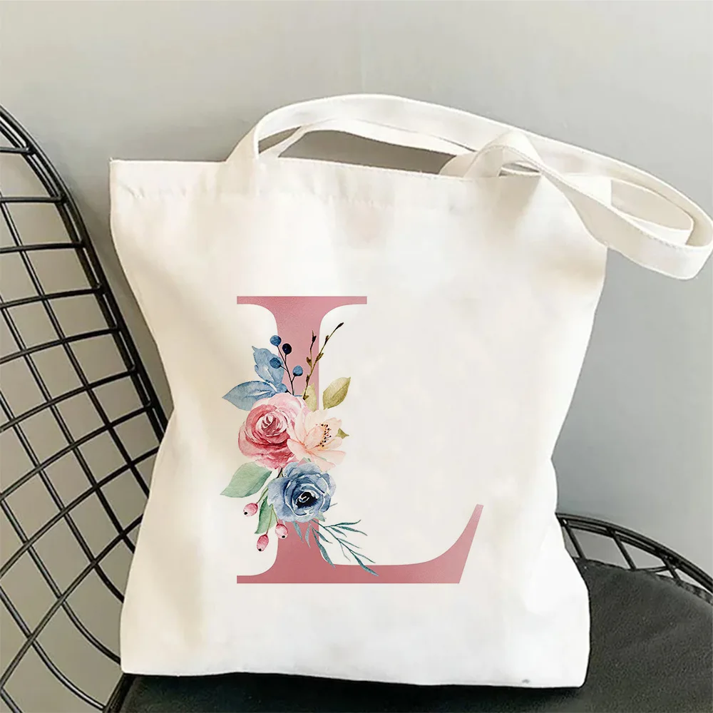 Damen ABC Canvas Tote Umhängetasche Aquarell Blumen Initiale Rosa Blau Lila Blumen Minimalistisch Lässig Öko Handtasche Damen Tasche – Detail 16