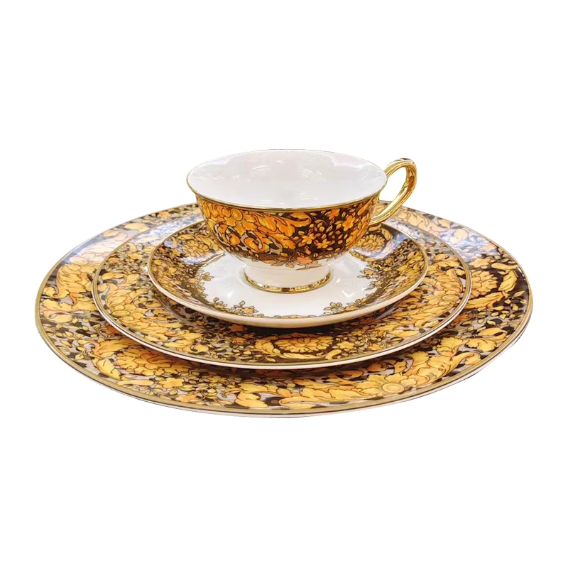 Golden Edge Luxury Tableware Set, Western Dinner Plate, Steak Flat Tray, Bone China Dinnerware Set, Coffee Cup, 10 ", 8"
