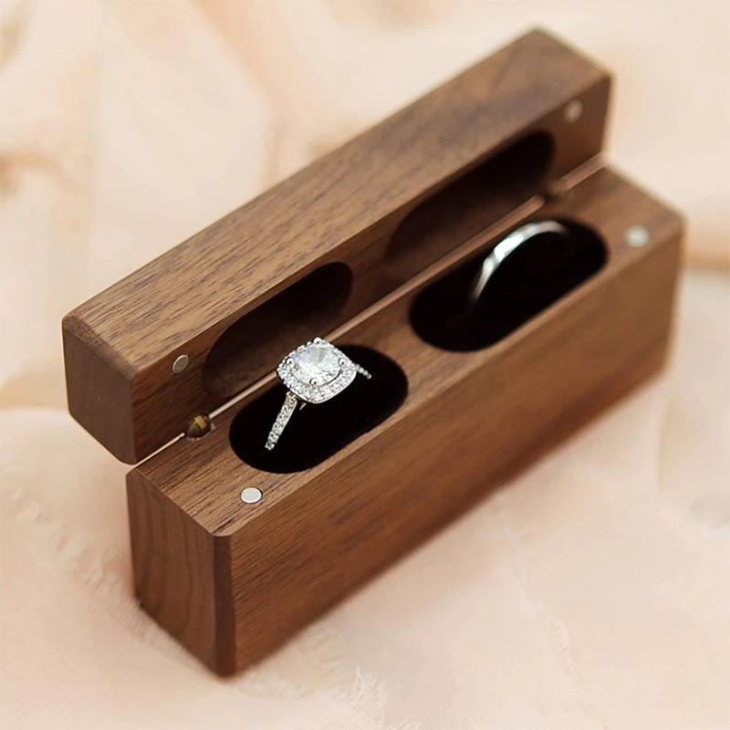 Wedding Ring Holder Box Walnut Modern Ring Holder for 2 Ring Ceremony
