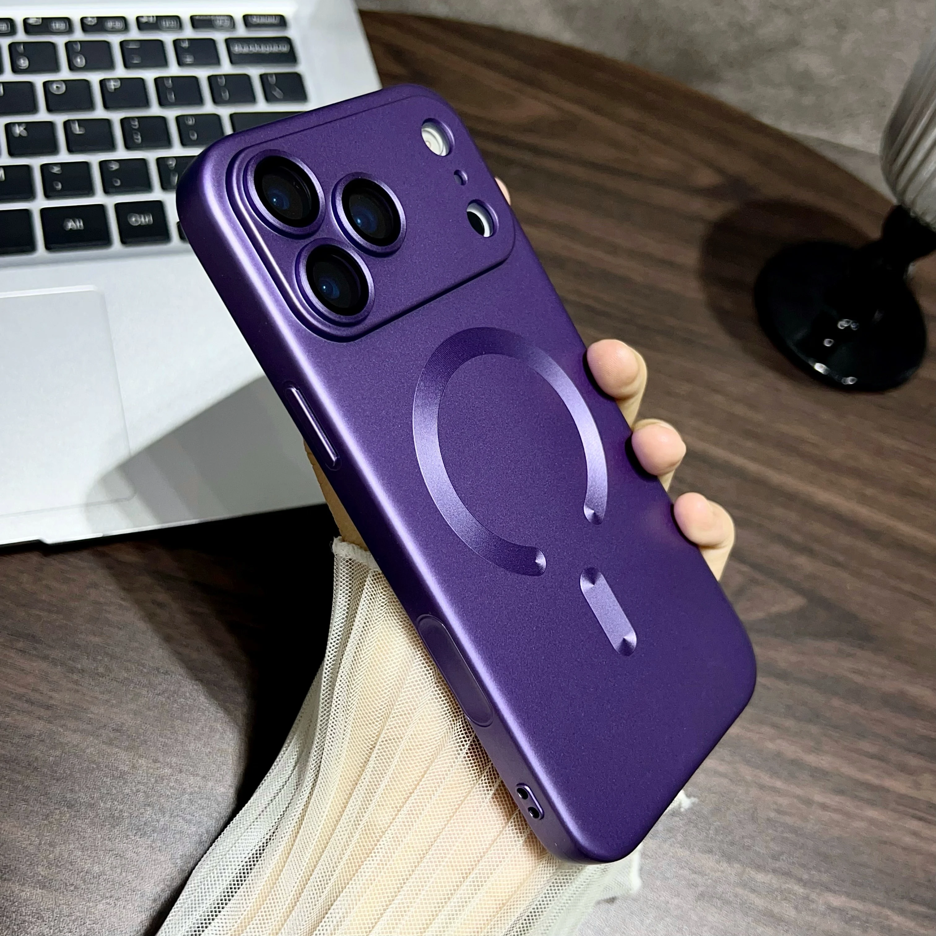 Luxury Matte Metallic Magnetic Case with Glass Lens & AI Button, Soft Cover