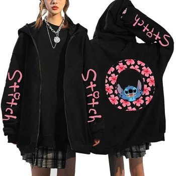 Sweatshirts Women's Zip Up Hoodies Cute Kawaii Disney Lilo & Stitch Letter Hoodie Zippper Jackets Couple Streetwear Hoody