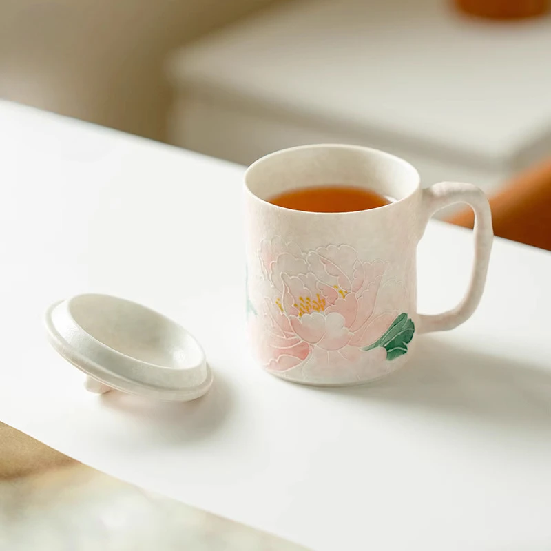 Chinese Style Ceramic Cute Mug Home Personal Office Creative With lid Light Pink Peony Pattern Milk Water Coffee Cup, 190ml, 1Pc