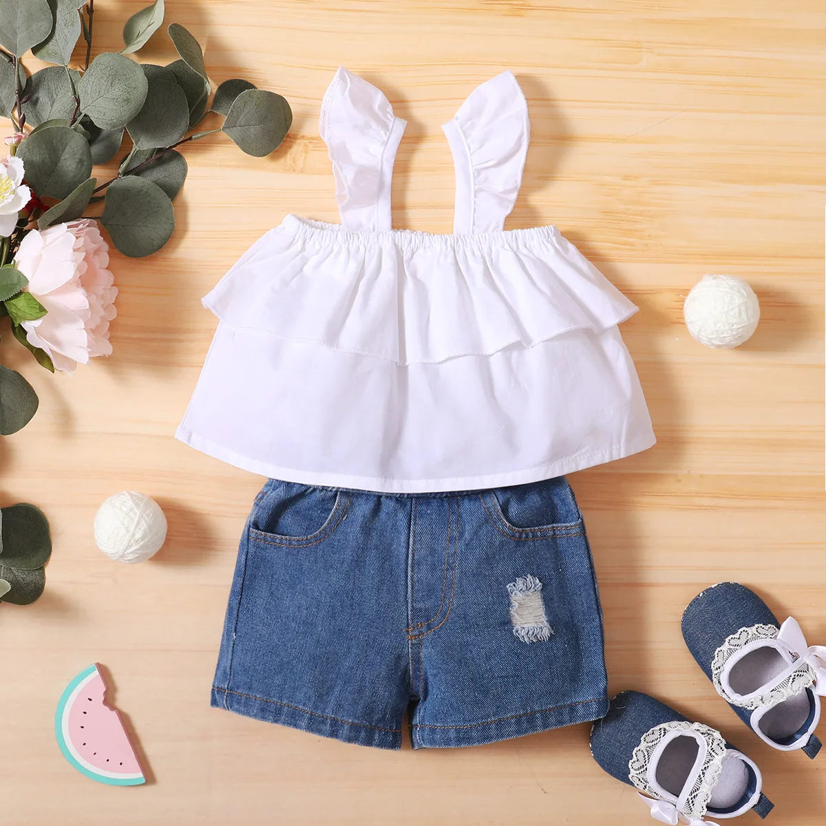 newborn baby clothing set 0-4Years Summer Infant Baby Girls 2pcs Clothes Sets Solid Strap Sleeveless Ruffles Vest Tops+Denim Shorts Baby Clothing Sets small baby clothing set	