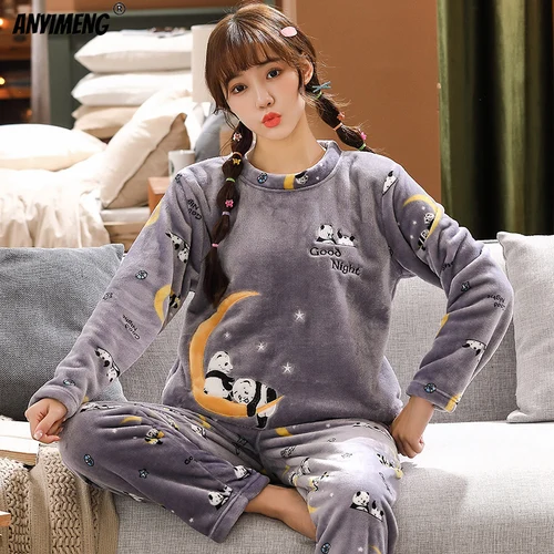 어린 소녀를 위한 새로운 겨울 플란넬 잠옷, 고품질 벨벳 라운드 넥 포켓 잠옷, 여성 캐주얼 여성 의류 4