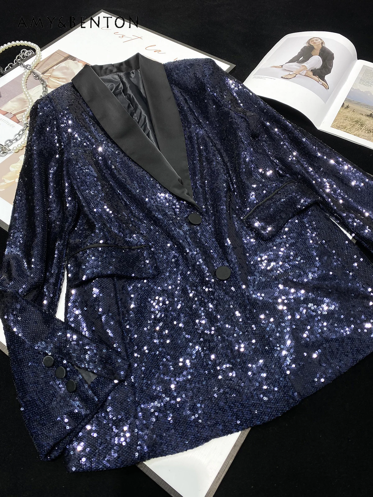 High-End Blue Sequined Cross Collar Suit Jacket for Women Office Lady Elegant Graceful Mid-Length Shiny Satin Large Lapel Jacket