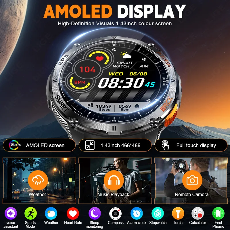 LIGE GPS Smart Watch Men 1.43'' AMOLED Screen LED Flashlight Outdoor Compass Sports Health Monitoring Bluetooth Call Smartwatch