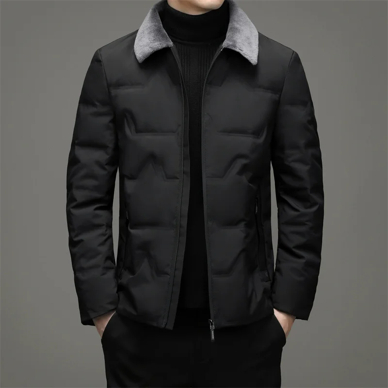 

Business Casual Men's Autumn Winter White Duck Down Jacket Solid Color Warm Fur Collar Short Puffer Coat Outwear Thick Top Parka