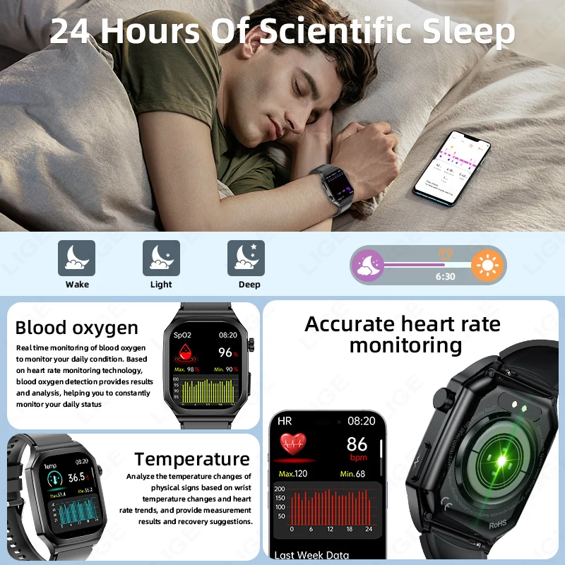 LIGE ECG+PPG Smart Watch Men Women Blood Lipid Uric Acid AI Diagnostic Detector Body Temperature Health Tracker Smartwatch New