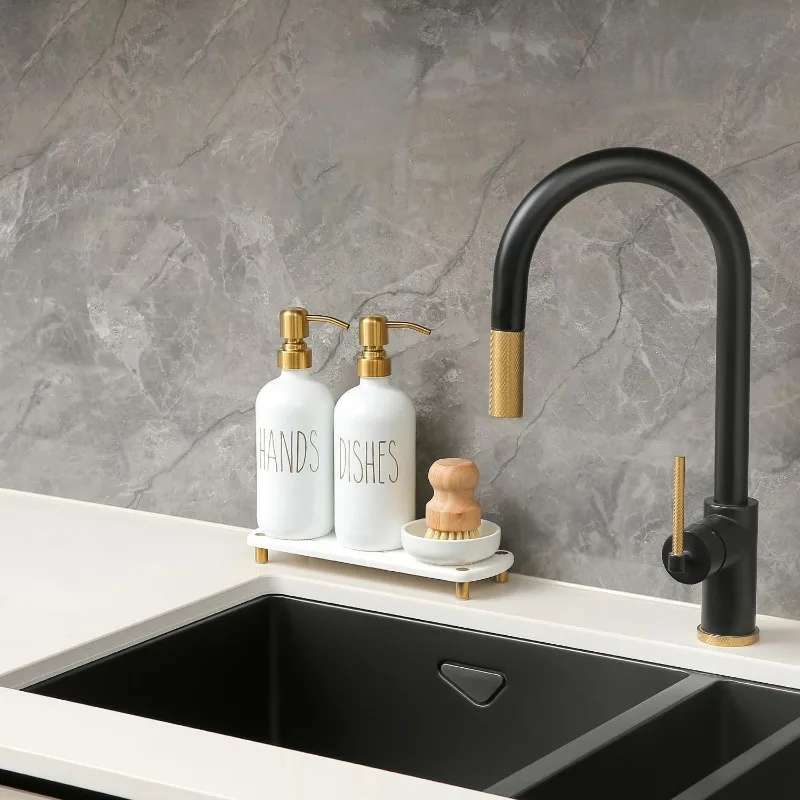 Gold Soap Dispenser Set Comes with Stainless Steel Pumps Instant Dry Tray and Dish Scrub Brush Suitable for Kitchen Decor 3