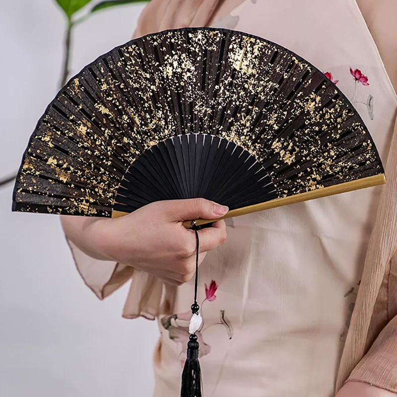 Black And Gold Folding fan Silk Fabric Graft Fan Baking Gold Stamping Fan Classical Hand Fans Weddings Chinese Luxury