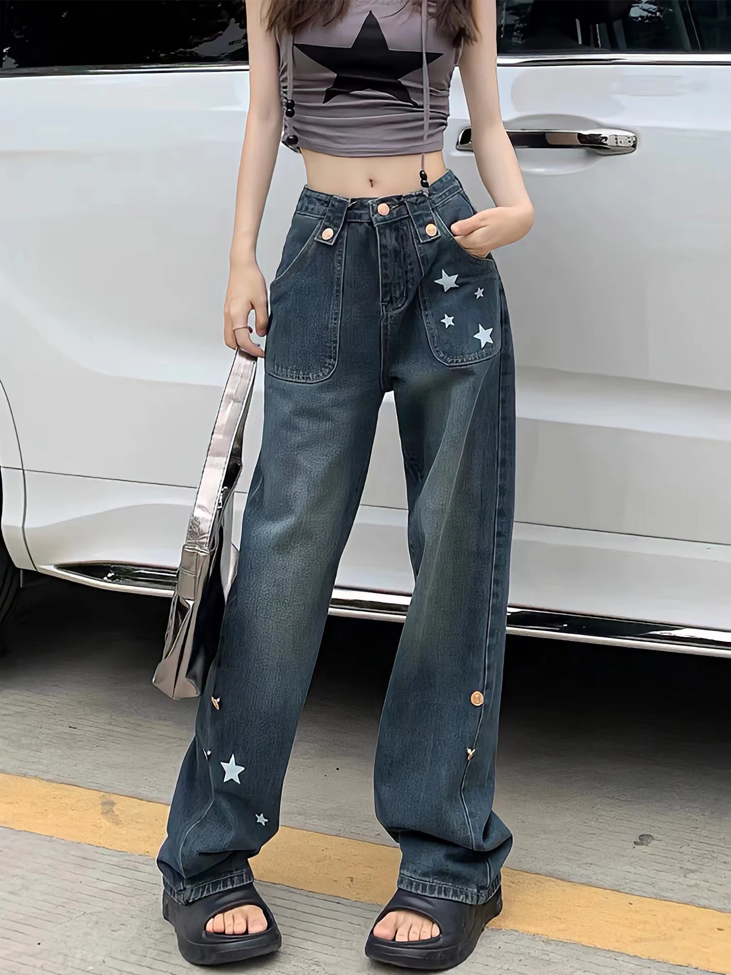 Chic Retro Stars Print Women Trousers Harajuku Loose Straight Wide Leg Denim Pants American Style Boyfriend Jeans Mopping Pants